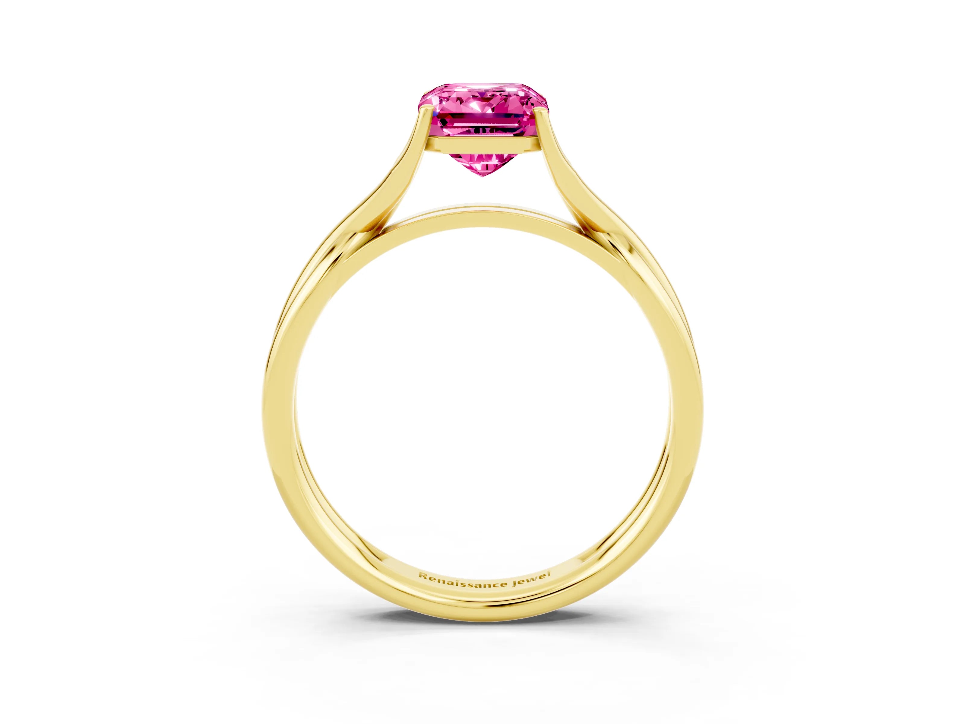 Yellow gold Emerald Cut Pink Sapphire Solitaire Twist Band Prong Setting Ring_99
