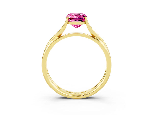 Yellow gold Emerald Cut Pink Sapphire Solitaire Twist Band Prong Setting Ring