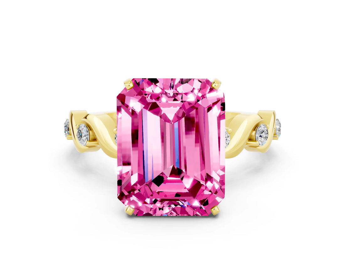 Yellow gold Emerald Cut Pink Sapphire Solitaire Twisted Band with Round  Accents and Prong Setting_12
