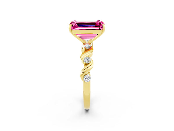 Yellow gold Emerald Cut Pink Sapphire Solitaire Twisted Band with Round  Accents and Prong Setting