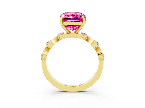 Yellow gold Emerald Cut Pink Sapphire Solitaire Twisted Band with Round  Accents and Prong Setting
