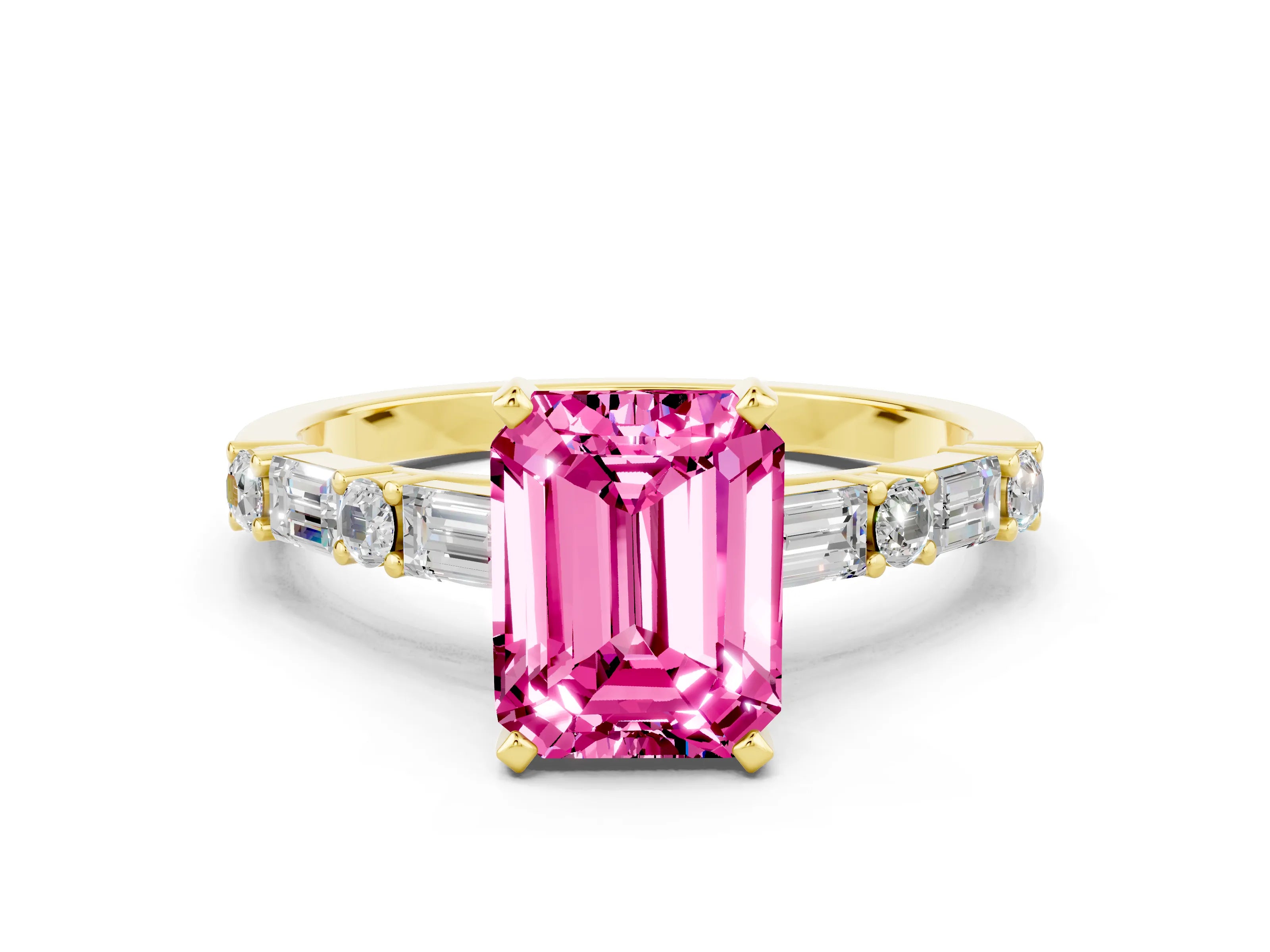 Yellow gold Emerald Cut Pink Sapphire Solitaire with Side Baguettes and Channel Set Band_24