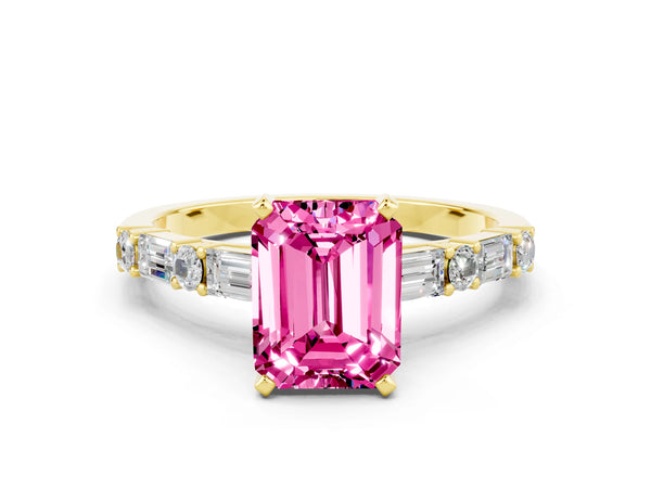 Yellow gold Emerald Cut Pink Sapphire Solitaire with Side Baguettes and Channel Set Band
