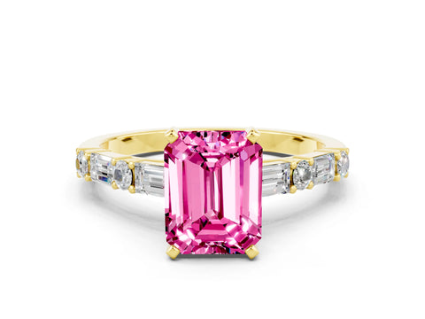 Yellow gold Emerald Cut Pink Sapphire Solitaire with Side Baguettes and Channel Set Band_24