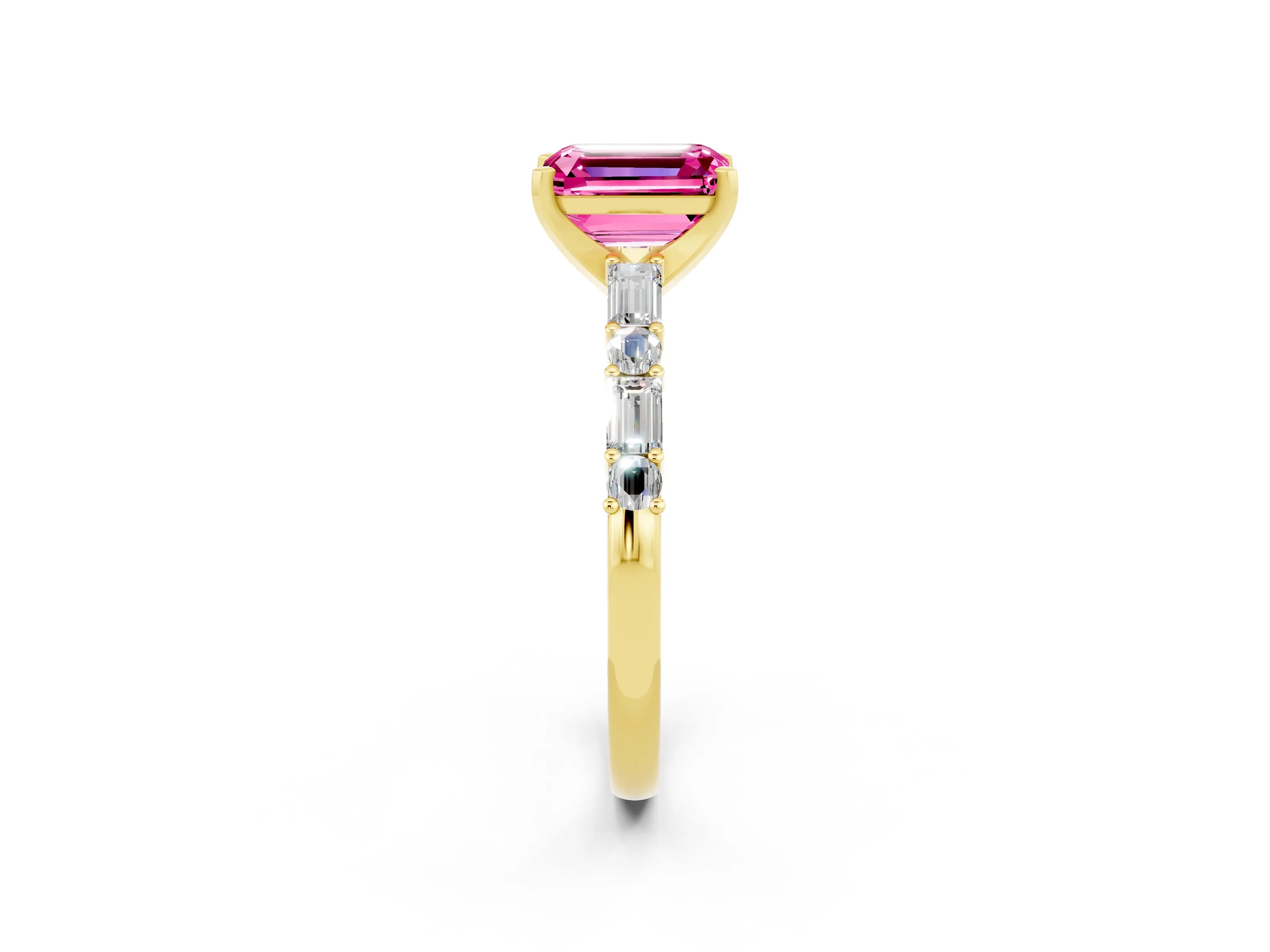 Yellow gold Emerald Cut Pink Sapphire Solitaire with Side Baguettes and Channel Set Band_26