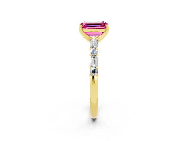 Yellow gold Emerald Cut Pink Sapphire Solitaire with Side Baguettes and Channel Set Band