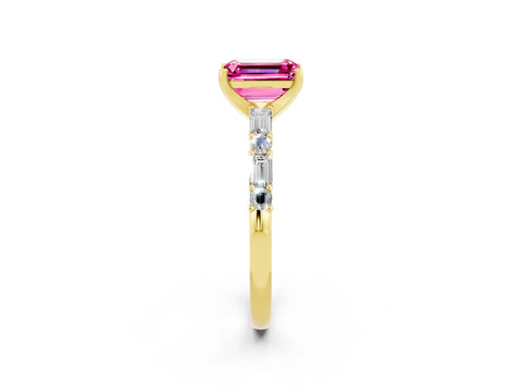 Yellow gold Emerald Cut Pink Sapphire Solitaire with Side Baguettes and Channel Set Band_26