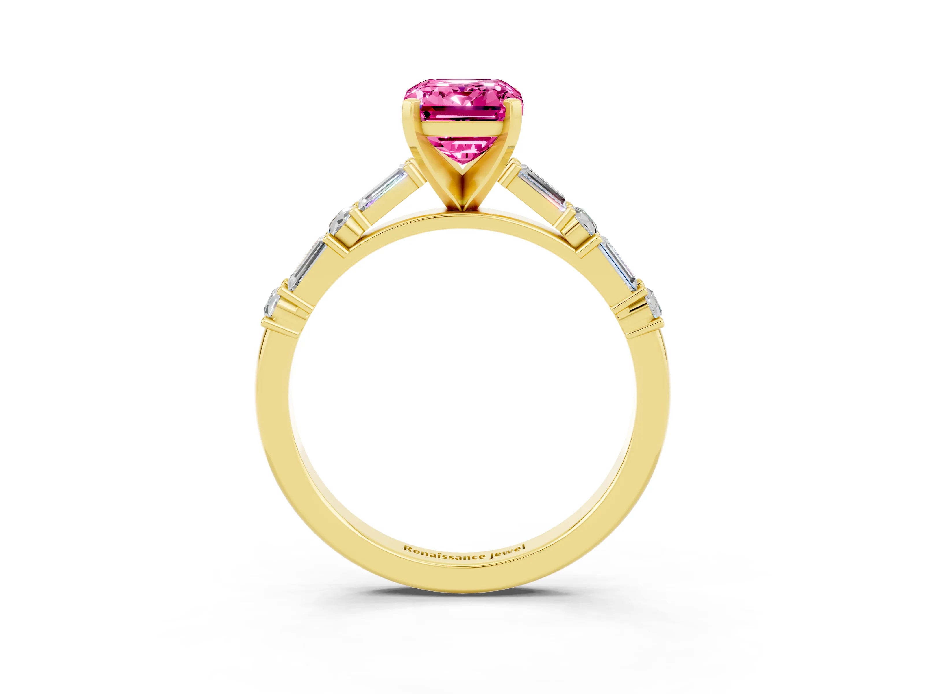Yellow gold Emerald Cut Pink Sapphire Solitaire with Side Baguettes and Channel Set Band_27