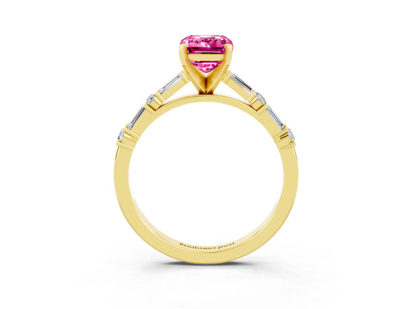 Yellow gold Emerald Cut Pink Sapphire Solitaire with Side Baguettes and Channel Set Band