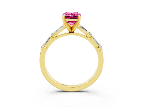 Yellow gold Emerald Cut Pink Sapphire Solitaire with Side Baguettes and Channel Set Band_27