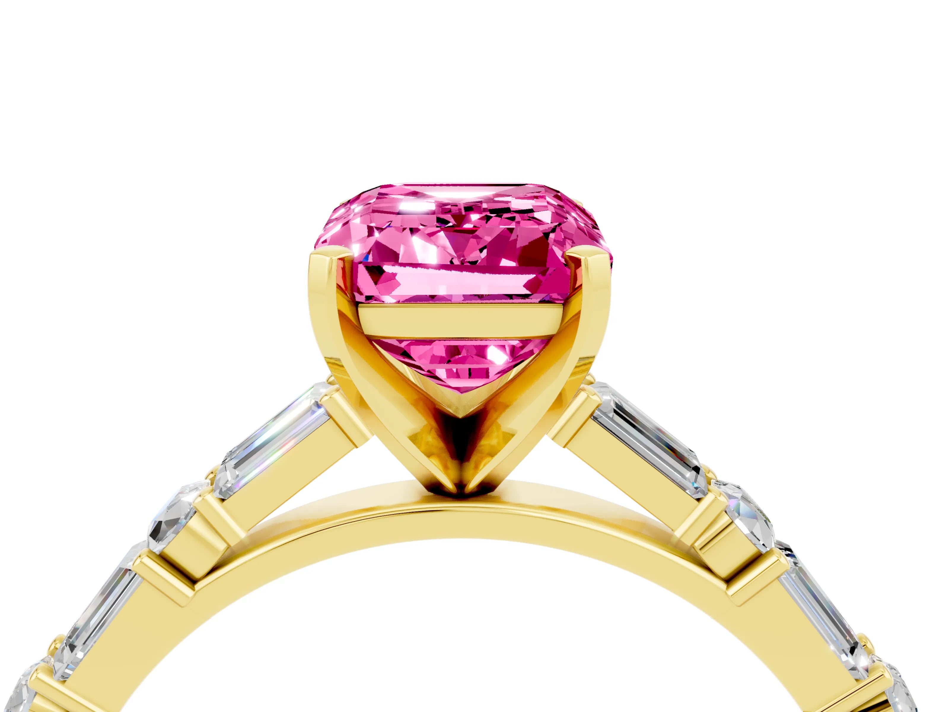 Yellow gold Emerald Cut Pink Sapphire Solitaire with Side Baguettes and Channel Set Band_28