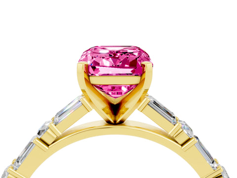 Yellow gold Emerald Cut Pink Sapphire Solitaire with Side Baguettes and Channel Set Band_28