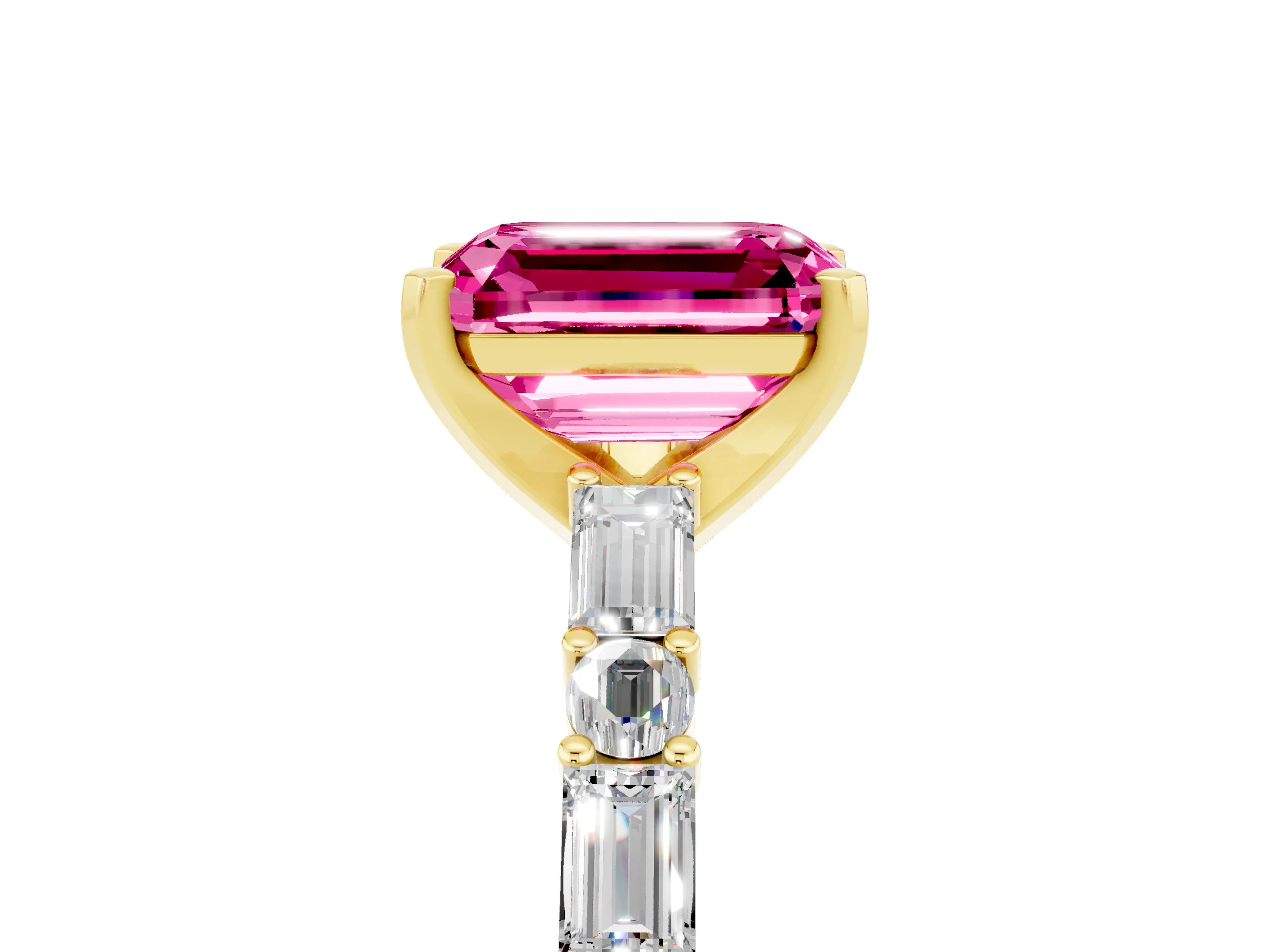 Yellow gold Emerald Cut Pink Sapphire Solitaire with Side Baguettes and Channel Set Band_29