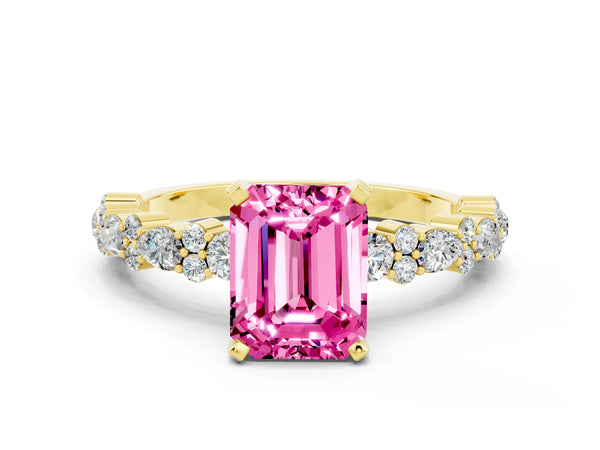 Yellow gold Emerald Cut Pink Sapphire Side Stone Solitaire Ring with Round  and Four-Prong Setting