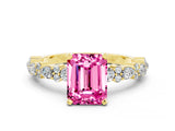 14K Yellow Gold Pink Sapphire Side Stone Solitaire Ring with Round and Four-Prong Setting