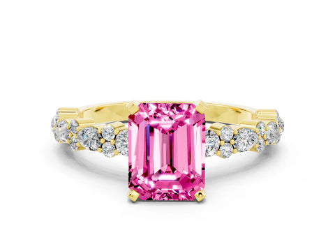 Yellow gold Emerald Cut Pink Sapphire Solitaire with Side Stones, Pave Band, Four-Prong Setting_72