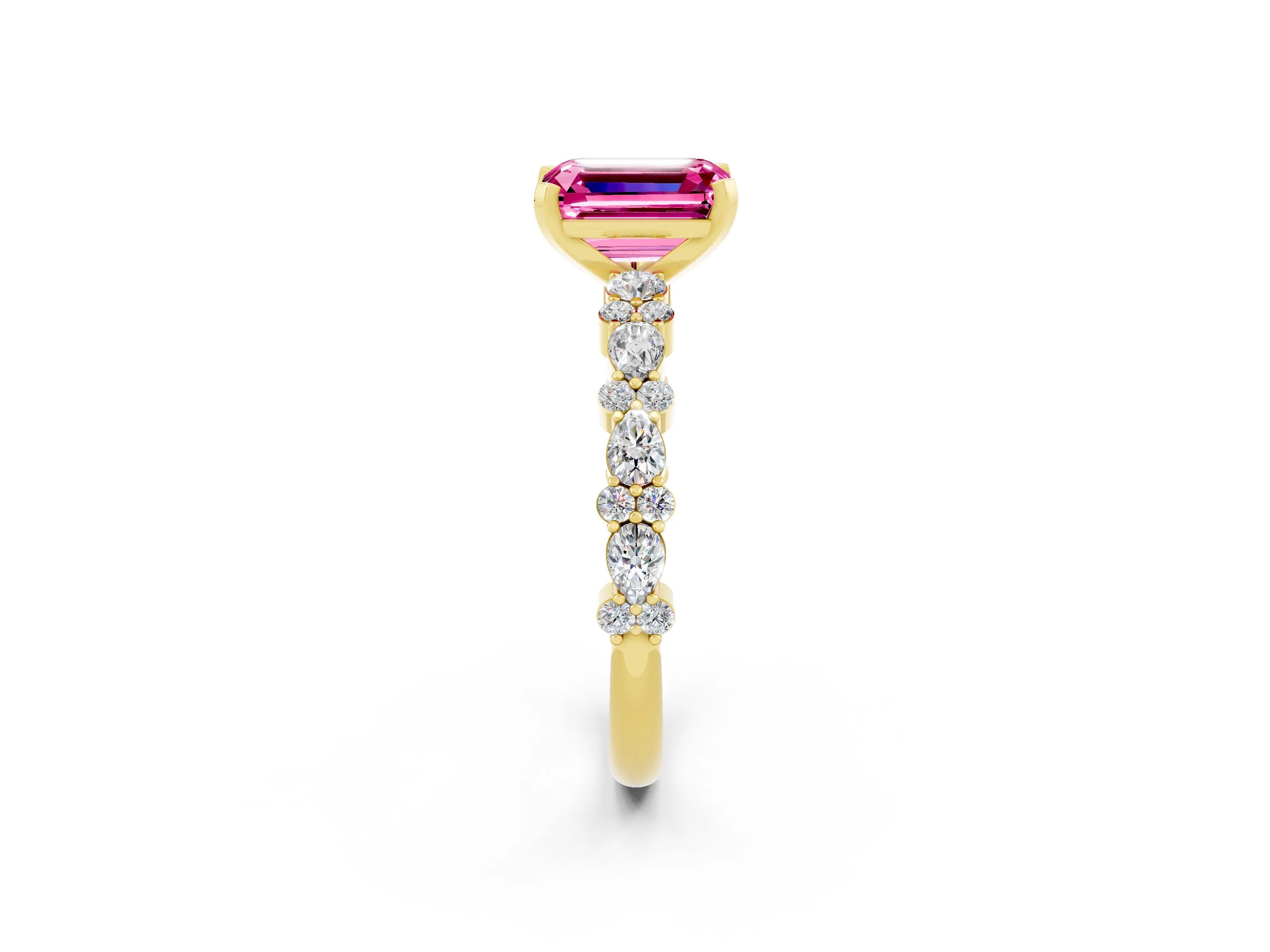 Yellow gold Emerald Cut Pink Sapphire Solitaire with Side Stones, Pave Band, Four-Prong Setting_74