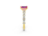 Yellow gold Emerald Cut Pink Sapphire Solitaire with Side Stones, Pave Band, Four-Prong Setting_74