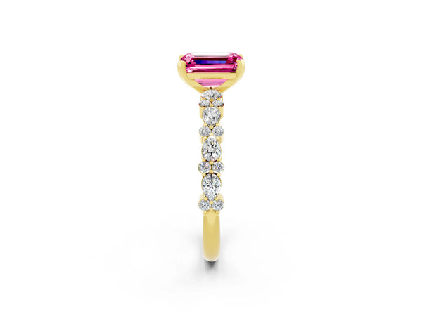 Yellow gold Emerald Cut Pink Sapphire Side Stone Solitaire Ring with Round  and Four-Prong Setting
