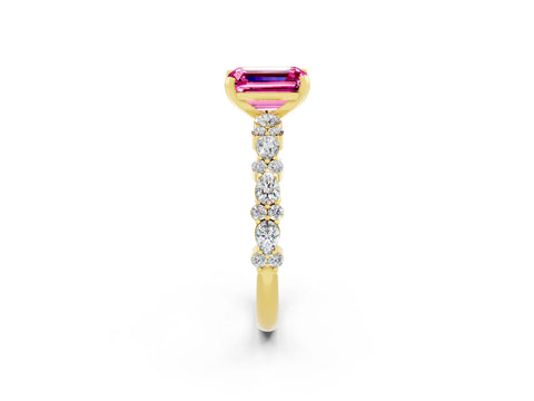 Yellow gold Emerald Cut Pink Sapphire Solitaire with Side Stones, Pave Band, Four-Prong Setting_74