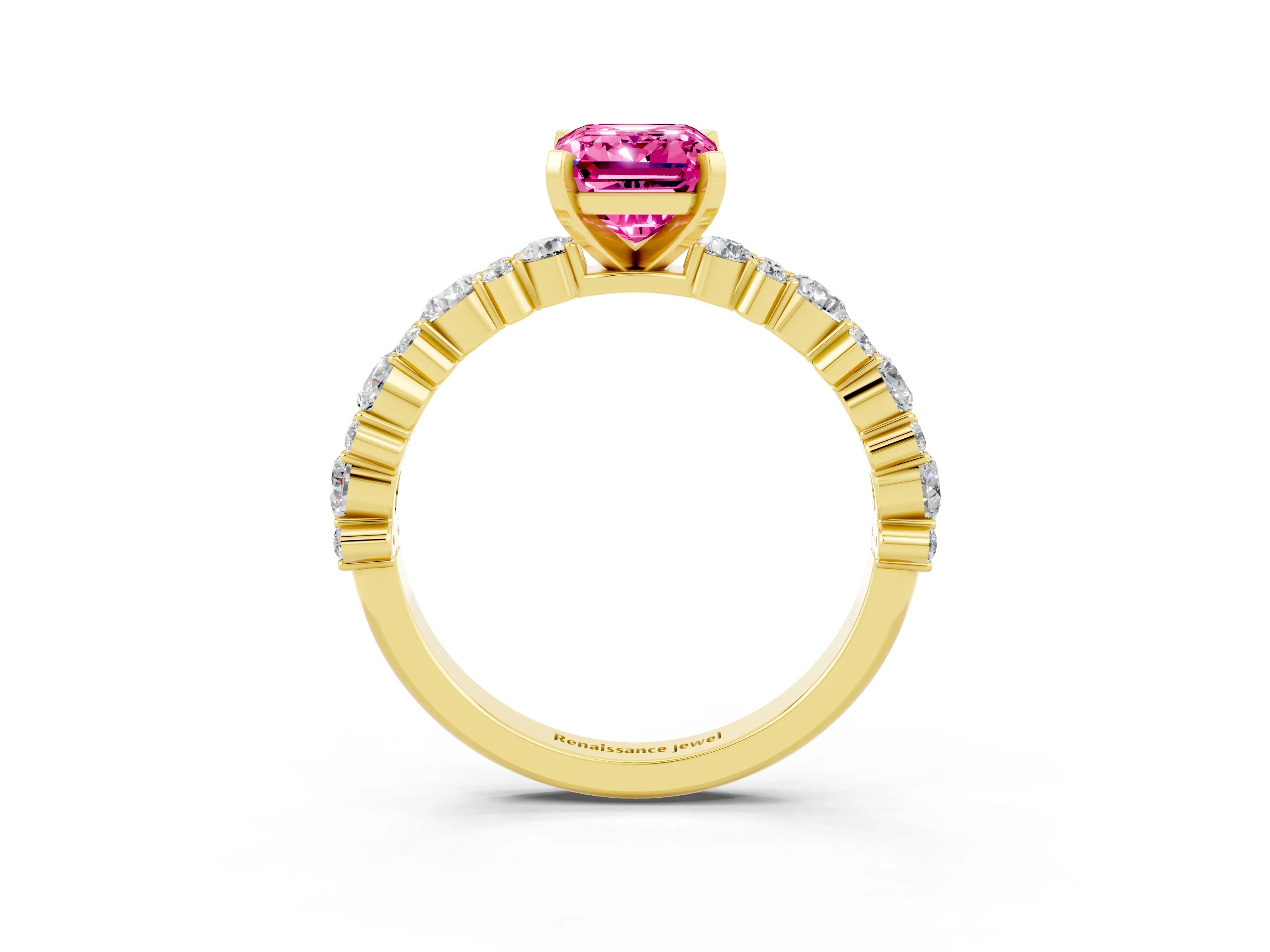 Yellow gold Emerald Cut Pink Sapphire Solitaire with Side Stones, Pave Band, Four-Prong Setting_75