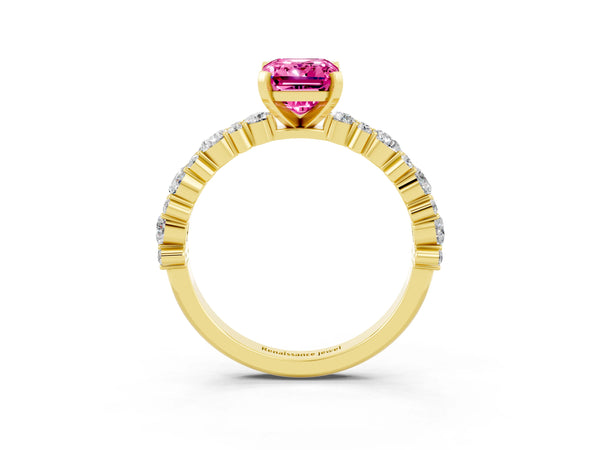 Yellow gold Emerald Cut Pink Sapphire Side Stone Solitaire Ring with Round  and Four-Prong Setting