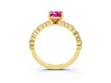 14K Yellow Gold Pink Sapphire Side Stone Solitaire Ring with Round and Four-Prong Setting