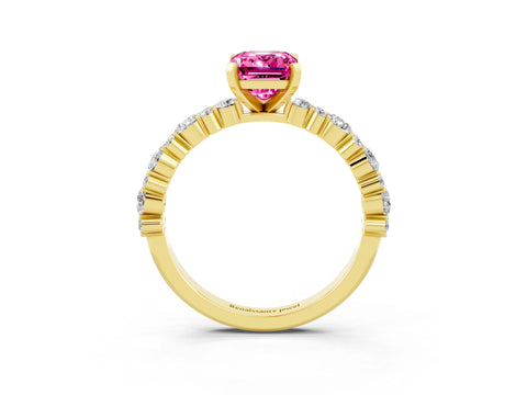 Yellow gold Emerald Cut Pink Sapphire Solitaire with Side Stones, Pave Band, Four-Prong Setting_75