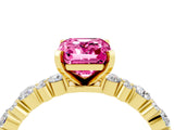 14K Yellow Gold Pink Sapphire Side Stone Solitaire Ring with Round and Four-Prong Setting