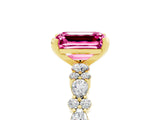 14K Yellow Gold Pink Sapphire Side Stone Solitaire Ring with Round and Four-Prong Setting