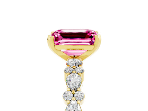 Yellow gold Emerald Cut Pink Sapphire Solitaire with Side Stones, Pave Band, Four-Prong Setting_77