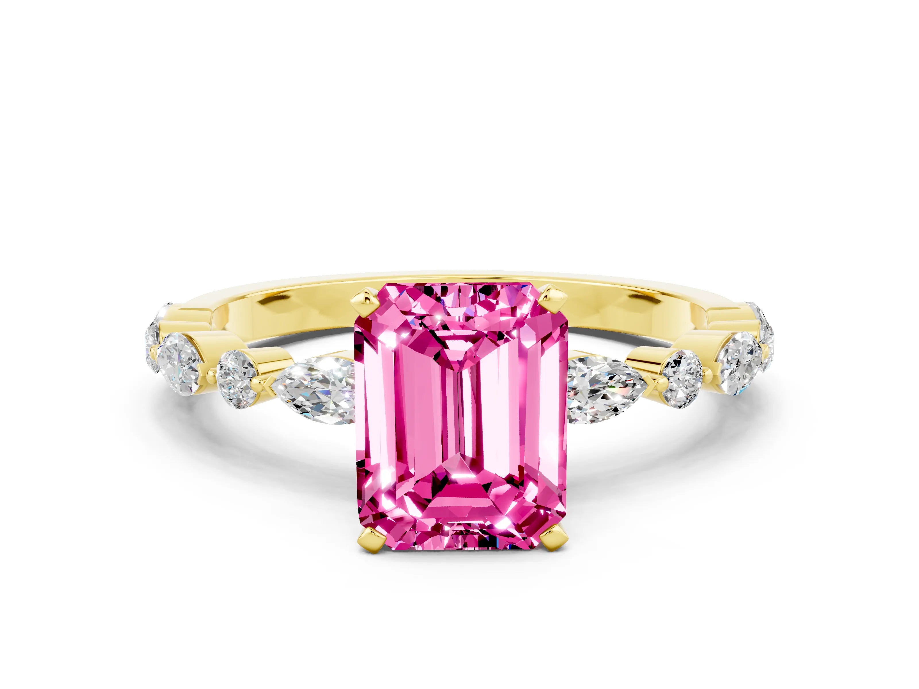 Yellow gold Emerald Cut Pink Sapphire Solitaire with Side Stones on a Pavé Band and Four-Prong Setting_24