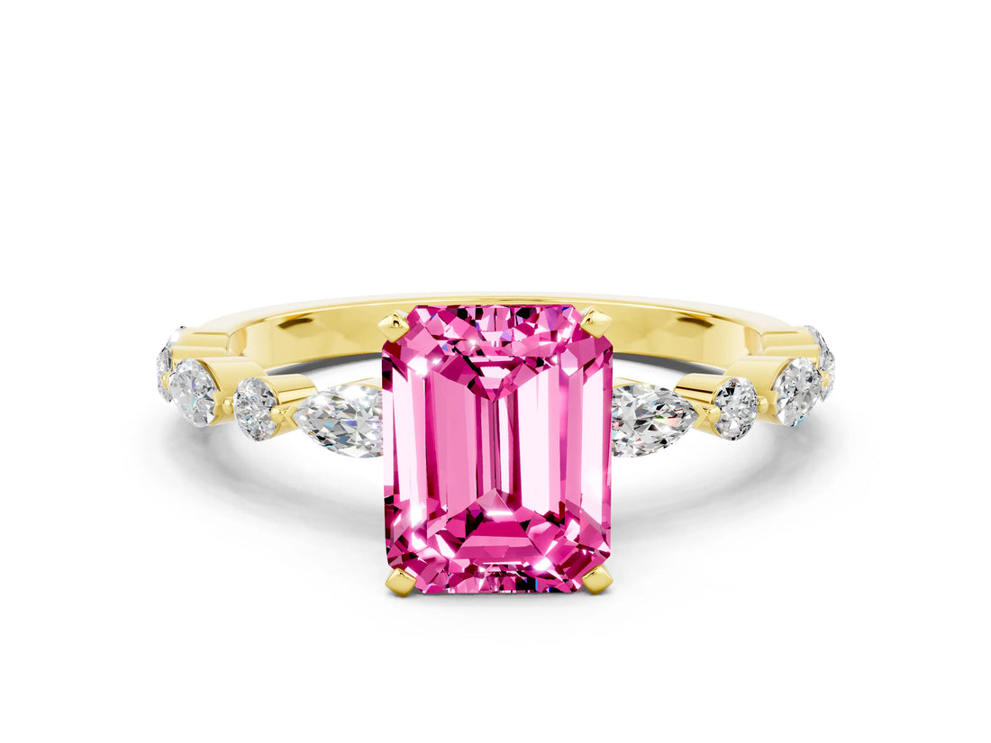 Yellow gold Emerald Cut Pink Sapphire Solitaire with Side Stones on a Pavé Band and Four-Prong Setting_24
