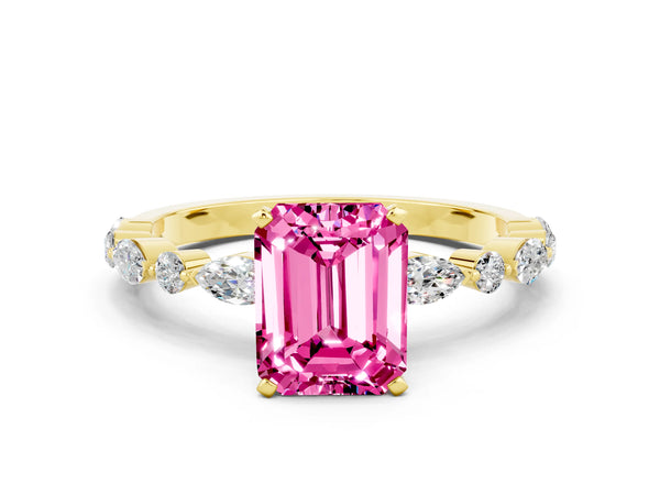 Yellow gold Emerald Cut Pink Sapphire Ring with Marquise and Round  Side Stones and Four-Prong Setting