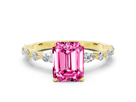 Yellow gold Emerald Cut Pink Sapphire Solitaire with Side Stones on a Pavé Band and Four-Prong Setting_24