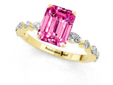 Yellow gold Emerald Cut Pink Sapphire Solitaire with Side Stones on a Pavé Band and Four-Prong Setting_25