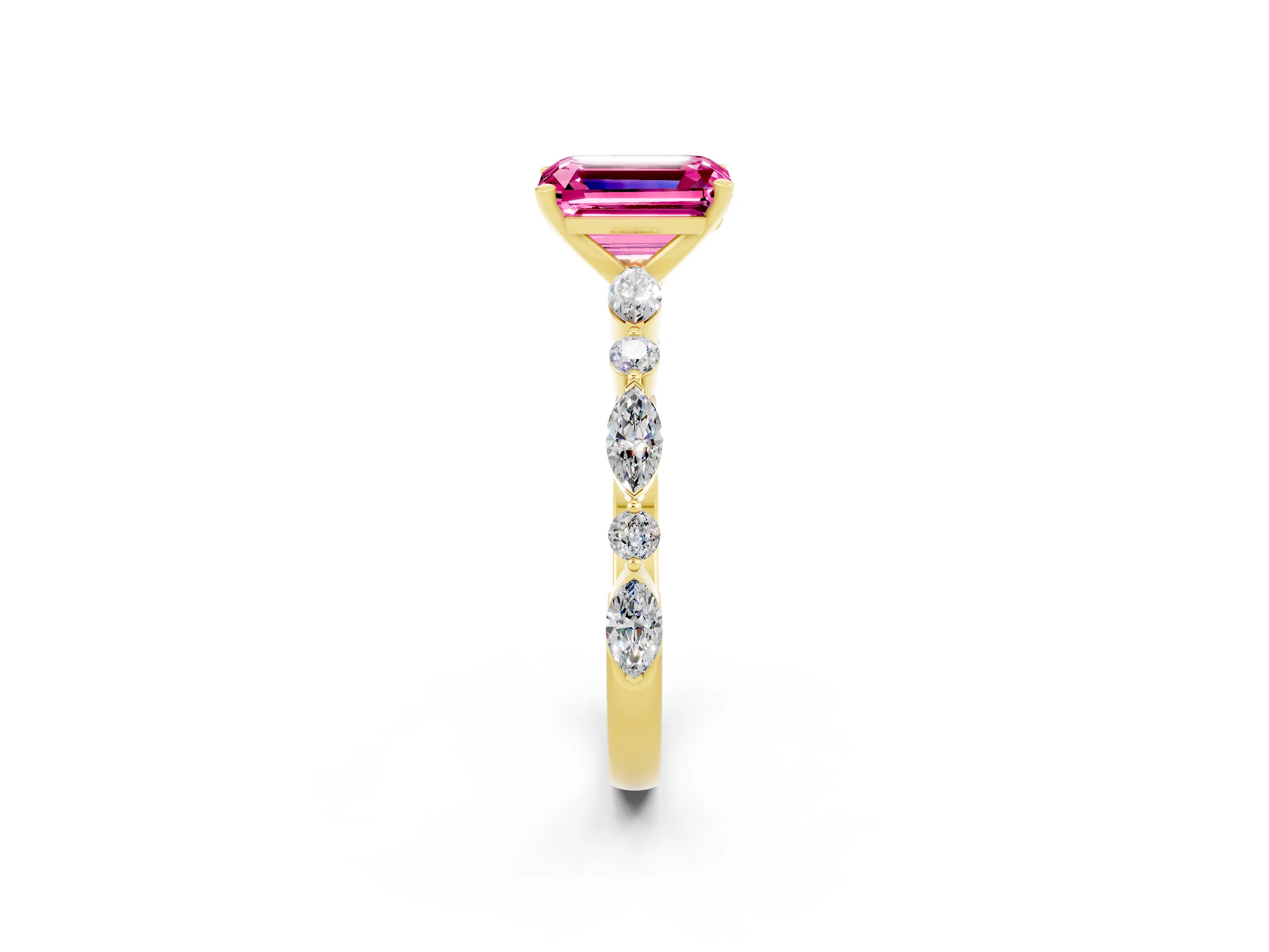 Yellow gold Emerald Cut Pink Sapphire Solitaire with Side Stones on a Pavé Band and Four-Prong Setting_26