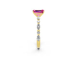 Yellow gold Emerald Cut Pink Sapphire Solitaire with Side Stones on a Pavé Band and Four-Prong Setting_26