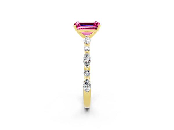 Yellow gold Emerald Cut Pink Sapphire Ring with Marquise and Round  Side Stones and Four-Prong Setting