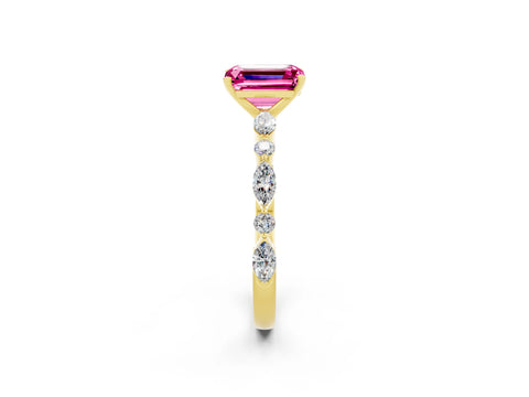 Yellow gold Emerald Cut Pink Sapphire Solitaire with Side Stones on a Pavé Band and Four-Prong Setting_26