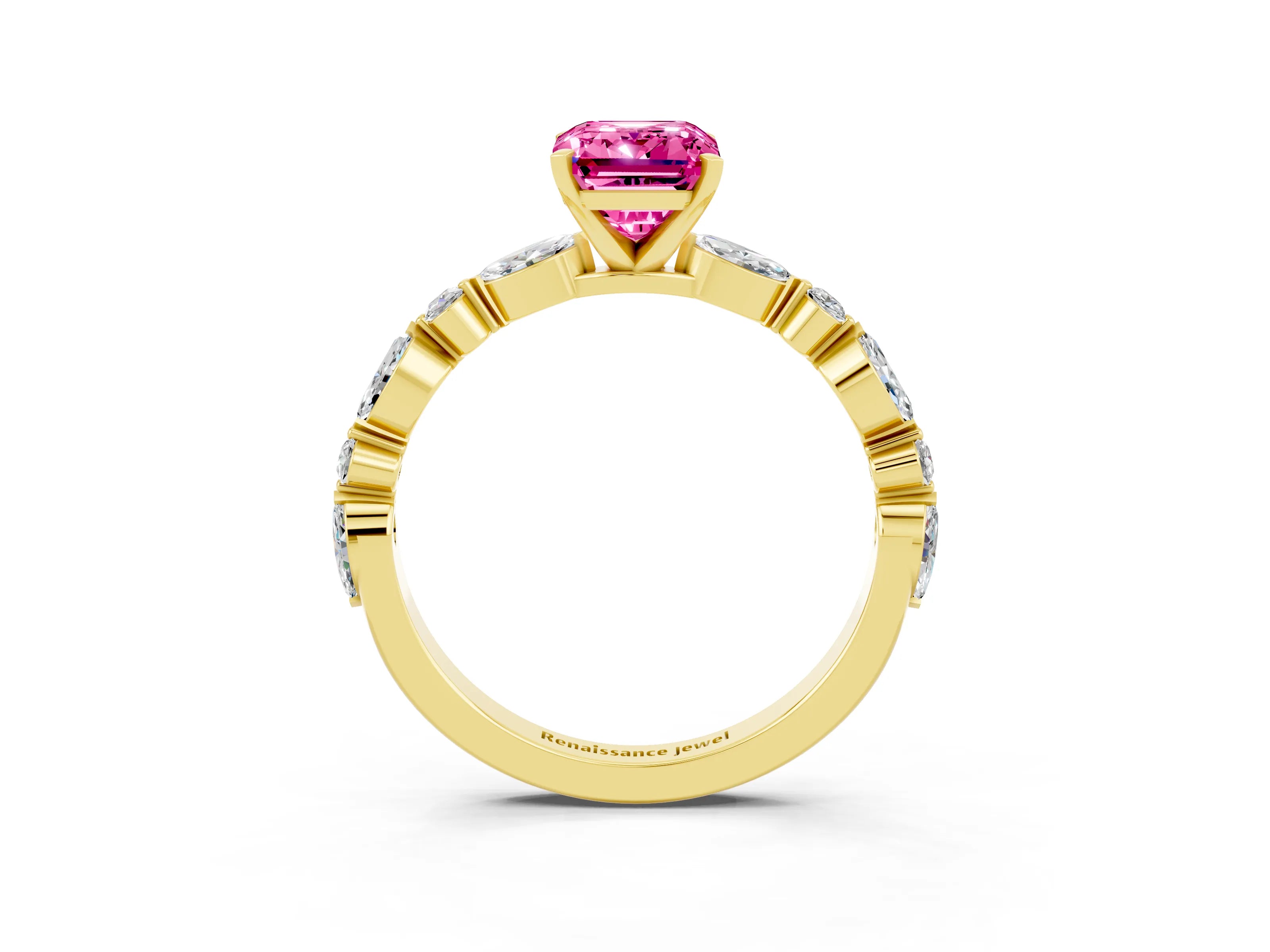 Yellow gold Emerald Cut Pink Sapphire Solitaire with Side Stones on a Pavé Band and Four-Prong Setting_27