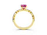Yellow gold Emerald Cut Pink Sapphire Solitaire with Side Stones on a Pavé Band and Four-Prong Setting_27