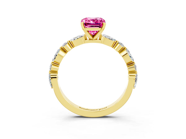 Yellow gold Emerald Cut Pink Sapphire Ring with Marquise and Round  Side Stones and Four-Prong Setting