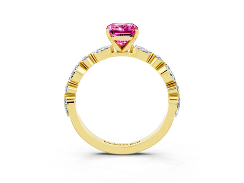 Yellow gold Emerald Cut Pink Sapphire Solitaire with Side Stones on a Pavé Band and Four-Prong Setting_27