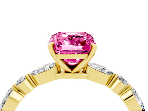 Yellow gold Emerald Cut Pink Sapphire Solitaire with Side Stones on a Pavé Band and Four-Prong Setting_28