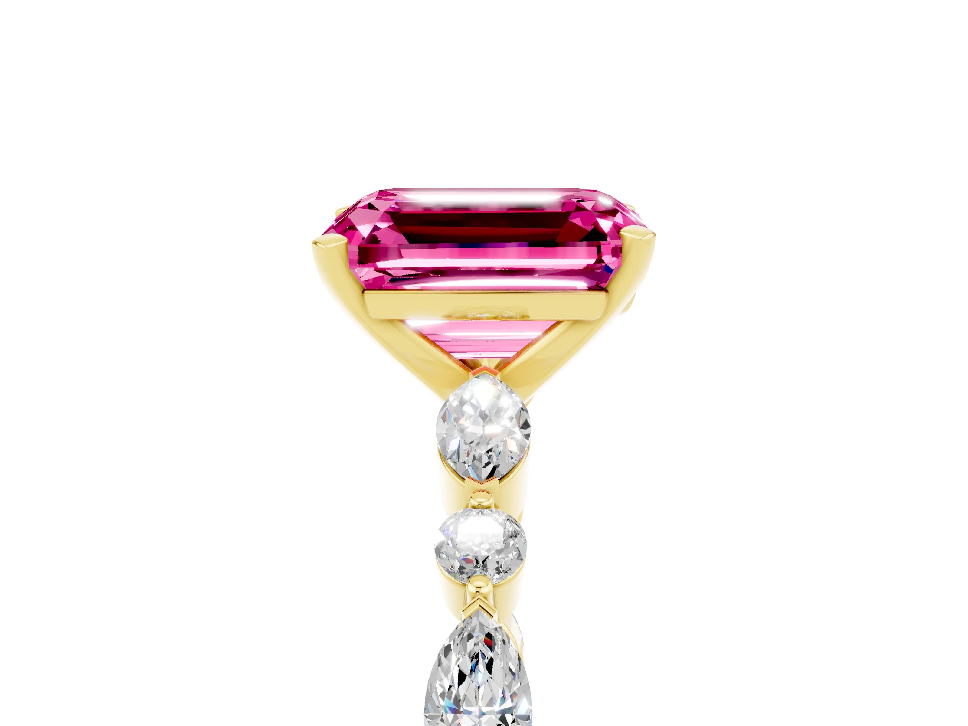 Yellow gold Emerald Cut Pink Sapphire Solitaire with Side Stones on a Pavé Band and Four-Prong Setting_29