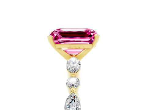 Yellow gold Emerald Cut Pink Sapphire Solitaire with Side Stones on a Pavé Band and Four-Prong Setting_29
