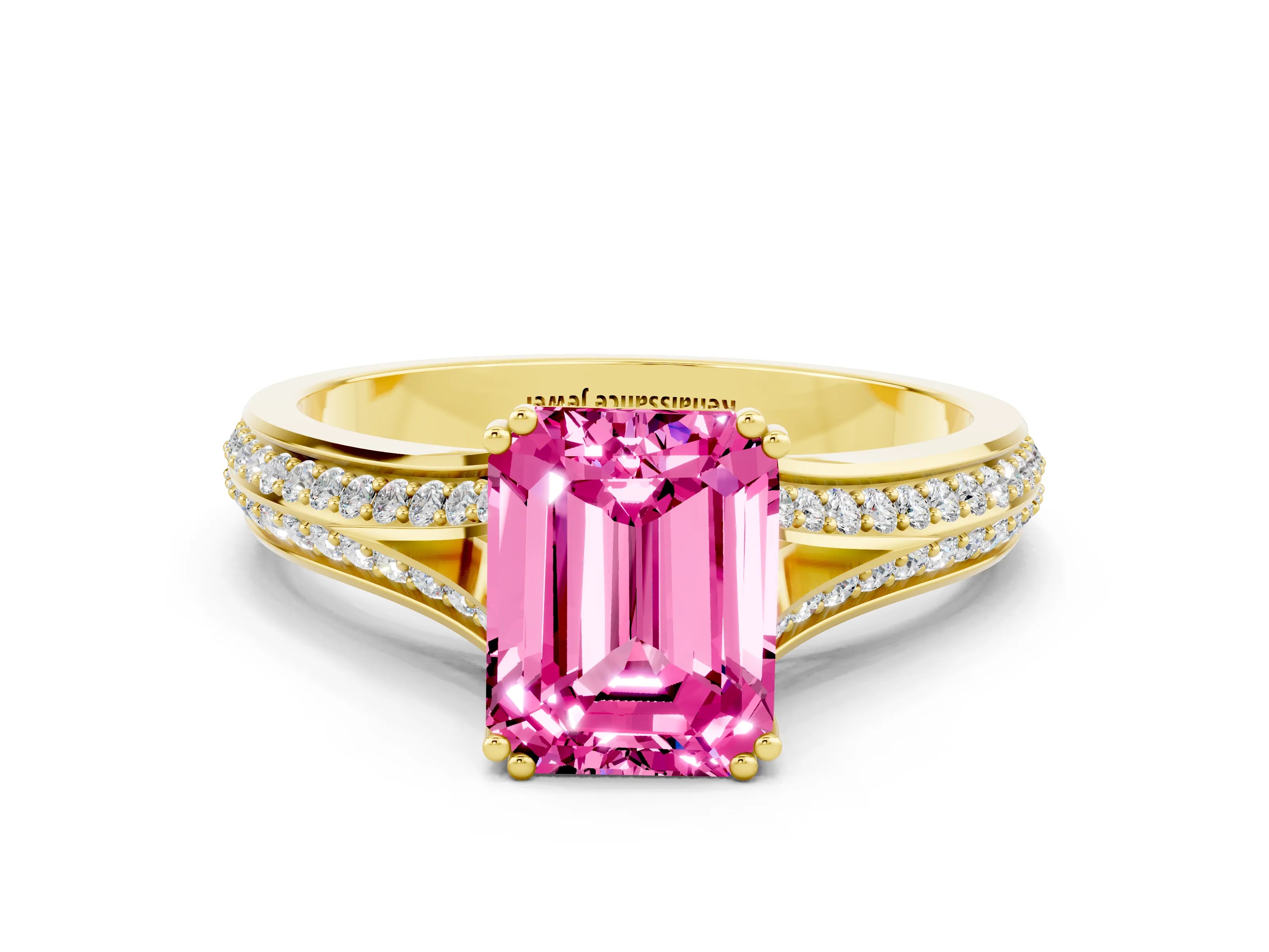 Yellow gold Emerald Cut Pink Sapphire Split Shank Engagement Ring with Pavé Band_24