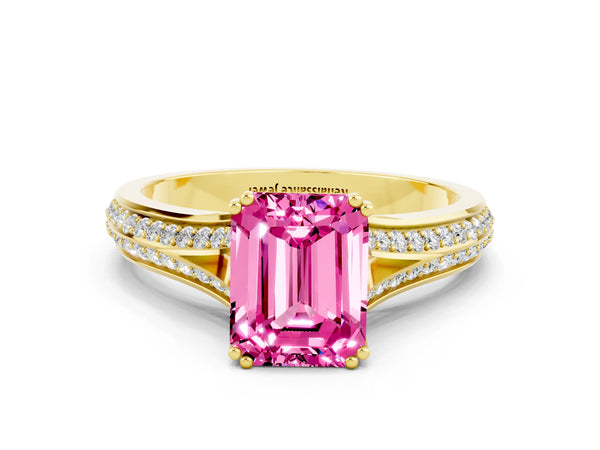 Yellow gold Emerald Cut Pink Sapphire Split Shank Engagement Ring with Pavé Band