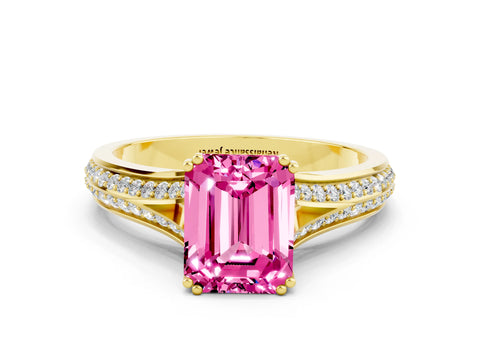Yellow gold Emerald Cut Pink Sapphire Split Shank Engagement Ring with Pavé Band_24